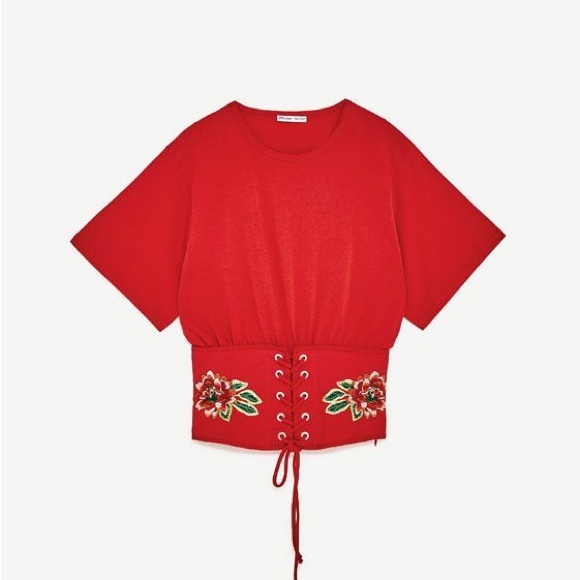 Zara red embroidered corset t-shirt - Picture 3 of 7